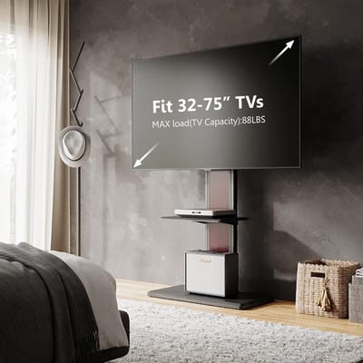 Tv-standaard, vloerstandaard met houten plank, televisiestandaard, geschikt voor grote tv's, in hoogte verstelbaar, draaibaar voor 32 tot 75 inch tot 40 kg max. VESA 600 x 400