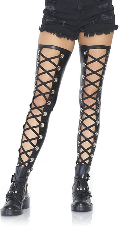 Wetlook dijhoge kousen met vetersluiting zwart