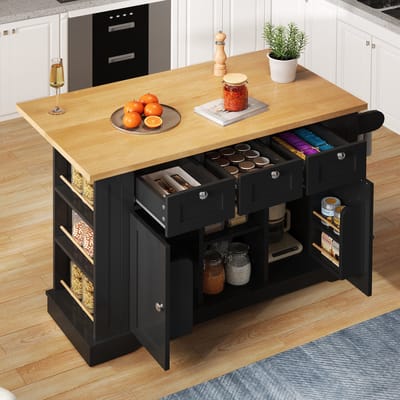 STILVORA Keukenwagen - Uittrekbaar Werkblad Met Klapfunctie - Ingebouwd Stopcontact En USB - MDF - 132x40(70)x87 Cm - Notenbruin+Zwart