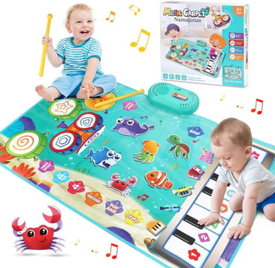 Namajunas - 3 in 1 Muziekmat - Kinderspeelgoed 3 4 5 Jaar - Dansmat - Pianomat - Speelkleedje met zeedierenmotief - Pianoklavier & Drumset met 2 Drumstokken - Cadeau Vroeg Educatief Muzikaal Leerspeelgoed - meisjes en jongens - Babyspeelgoed