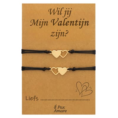 Koppel Armbandjes voor 2 "Wil jij mijn Valentijn Zijn?" - Hartjes - Vriendschapsarmbandjes met Persoonlijk Cadeau Kaartje - Goudkleurig - Elastisch Verstelbaar - Pax Amare