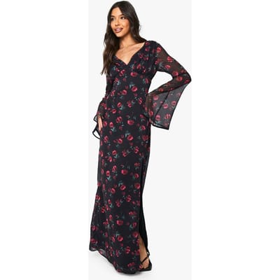 boohoo Dames Bloemige Chiffon Plongeer Maxi-jurk | Black | Maat: 8