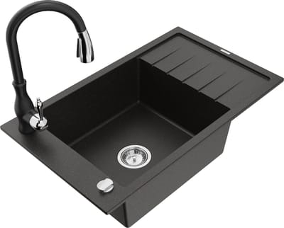 Mexen Elias granieten spoelbak met 1 bak met druiprek en keukenmengkraan Savita, zwart/goud metallic - 6511-75-672601-70