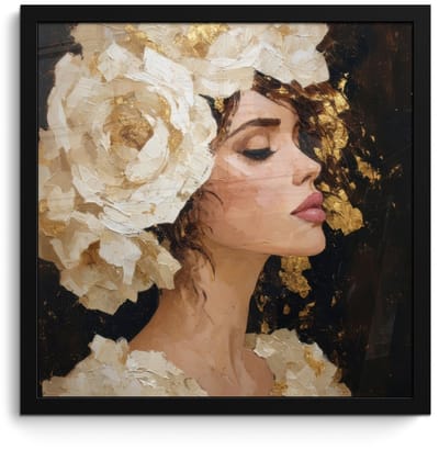 Poster in lijst - Fotolijst 40x40 cm - Posters - Abstract - Vrouw - Bloemen - Wit - Posterlijst zwart - Decoratie - Wanddecoratie woonkamer - Muurdecoratie slaapkamer