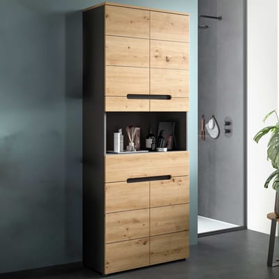 Hoogkast Canu Wide Xonox - Spaanplaat Artisan & Basalt Grijs - 76x193x34 Cm - Xonox - Badkamer Halfhoge Kast - Bruin; Grijs - Spaanplaat