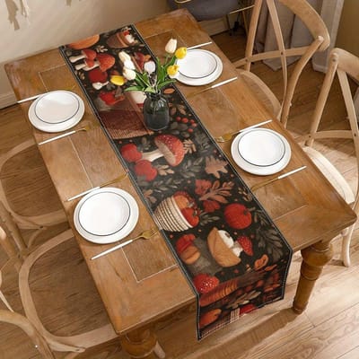 1 st Herfst Oogst Tafelkleed - Duurzaam Polyester Herfst Decoratie met Pompoenen, Appels, Paddenstoelen & Bladeren in Warme Herfstkleuren 150x33cm