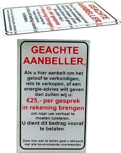 Geen Verkoop aan de deur - Geen colportage - Geloofsovertuigers of Energie adviezen aan de deur sticker bordje - Glashelder Acrylaat - 9.5 cm x 6 cm.
