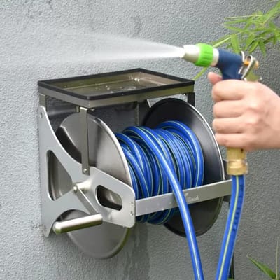 Slanghaspel Set - Slanghouder Wandmontage - Tuin Bewatering - Roestvrij Staal - 15 Meter Slang - Zilver