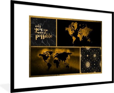 Poster in lijst - Fotolijst 90x60 cm - Posters - Wereldkaart - - Luxe - Goud - Posterlijst zwart - Decoratie - Wanddecoratie woonkamer - Muurdecoratie slaapkamer
