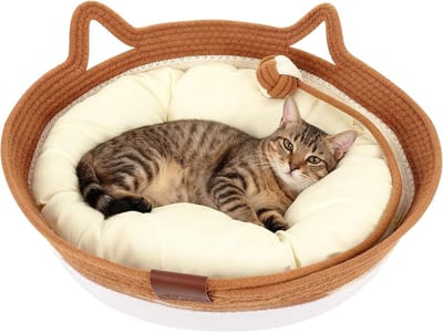 Ronde Kattenmand van Katoen met Kussen, Wasbaar en Geschikt voor Katten tot 10 kg, 46 x 46 x 16 cm, Inclusief Speelgoed en Comfortabele Ondersteuning in Bruin en Wit