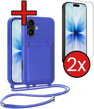 Hoesje Geschikt voor iPhone 17 Hoesje Met Telefoonkoord en Pasjeshouder Met 2x Screenprotector Siliconen - Hoes Geschikt voor iPhone 17 Hoesje Met Kaarthouder Case - Felblauw