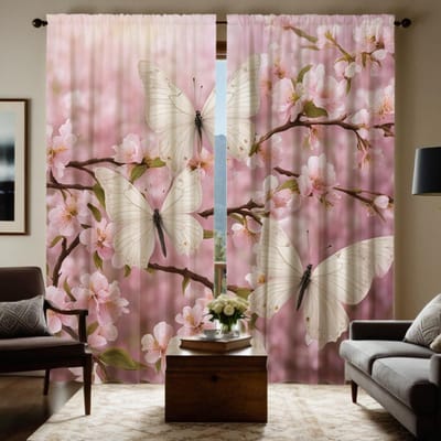 2 Pièces Rideaux Numériques HD Fleur de Cerisier Rose Papillon Décoration Intérieure Style Décoration Salon Chambre à Coucher Rideaux à Tringle W52H63inchW132H160cm gray