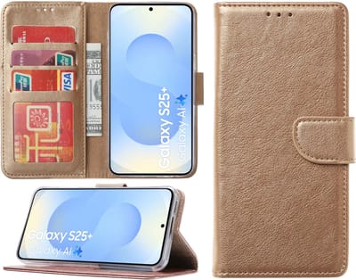 Hoesje Geschikt voor Samsung Galaxy S25 Plus – Arara bookcase met pasjeshouder - Goud