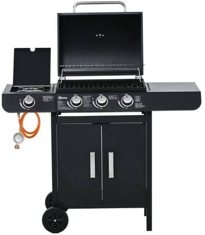 Miryx Gasbarbecue - Grillwagen - Gasgrill - met 4 Branders en 1 Zijbrander, Drukregelaar en Slangen - 110x50x100 cm - Zwart
