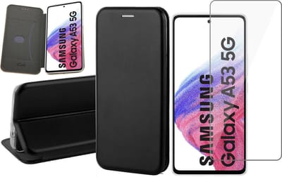 Hoesje geschikt voor Samsung Galaxy A53 - Book Case Kunstlederen Wallet Cover Minimalistisch Pasjeshouder Hoes Zwart - Tempered Glass Screenprotector