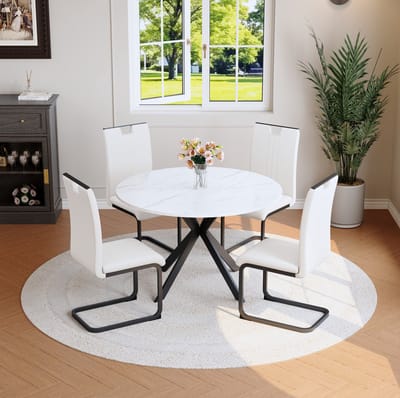 Eettafelset - Ronde Eettafel Met 4 Stoelen - Witte Marmerlook En Kruisvormig Onderstel - Voor Eetkamer En Keuken - MDF Metaal Wit