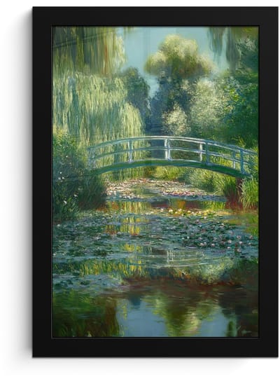 Poster in lijst - Fotolijst 20x30 cm - Posters - Brug - Hout - Vijver - Waterlelies - Posterlijst zwart - Decoratie - Wanddecoratie woonkamer - Muurdecoratie slaapkamer