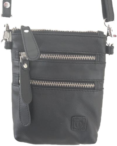 OI zwart leren schoudertasje eventueel ook aan de riem te dragen / festivaltasje met veel ritsjes / tasje voor op buik of heup / klein plat reistasje / zwart leer / 313