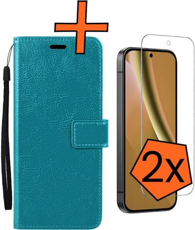 Hoes - Met 2x Screenprotector - Geschikt voor Google Pixel 10a - Luxe Pasjeshouder - Bookcase Portemonee - Flip Case - Kunstleer Book Case - Flipcase Hoes - Book Cover - Walletcase - PortemonneeHoes - Turquoise