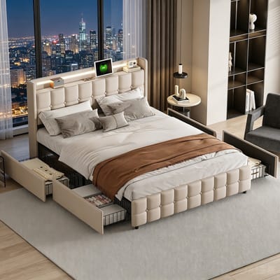 Gestoffeerd bed 180x200 cm met LED-hoofdbord en USB-poorten, tweepersoonsbed met lattenbodem en 4 opberglades, opbergbed met opbergruimte, zonder matras, linnen beige