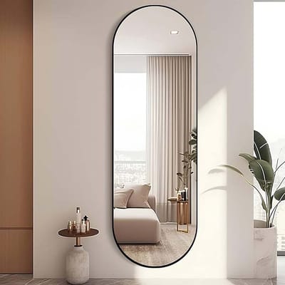 Wandspiegel - 50 x 160cm Zwart - Ovaal Passpiegel - Ovale Spiegel - Moderne Spiegel - Wandspiegel Met Haken - Kleedkamer - Hal - Slaapkamerspiegel -Badkamer - Luxe - Metaal - Oval Hangspiegel - Interieur - Woondecoratie