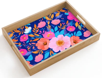 Dienblad hout 40x30 cm - Schootdienblad - Bloemen - Blauw - Roze - Borrelplank rechthoek - Plateau dienbladen