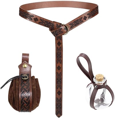 Embossed Faux Leather Riem - Necromanten Kostuum met Tas en Flesje, Viking Accessoire Set voor Rollenspellen en Cosplay