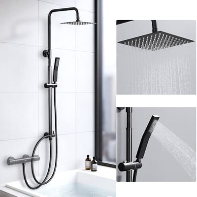 Auralum® Douchesysteem Met omstelling - Vierkant Doucheset - Regendouche en Handdouche - 8 inch Douchekop - Verstelbare Hoogte 72-110 cm - Zwart