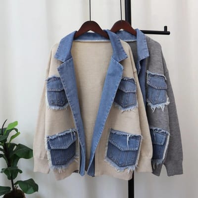 Herfst Winter Denim Pocket Gesplitst Vrouwen Trui Jas Casual Veelzijdig Gebreide Vrouwelijke Vesten Jas Tops One Size beige