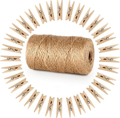 Wasknijpers, hout, 3,5 cm, Absofine, knutselkoord, jute koord, 100 m natuurlijk jute koord, clothespins verpakking, gastgeschenk