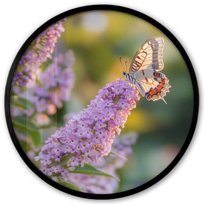 Poster in lijst Rond - Fotolijst 40x40 cm - Posters - Sierlijke - Vlinder - Paarse - Bloemen - Ronde posterlijst zwart - Decoratie - Wanddecoratie woonkamer - Muurdecoratie slaapkamer