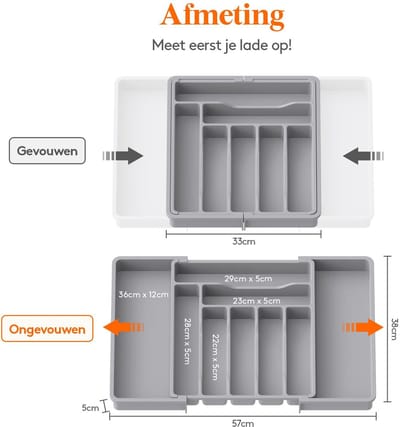 Cosensi - Dailygoods - Dailygoody - Bestek Organizer - Uitschuifbare Besteklade - XL - Grijs - Bestekhouder - Ideaal voor Keuken - Voor Spoons Forks Knives