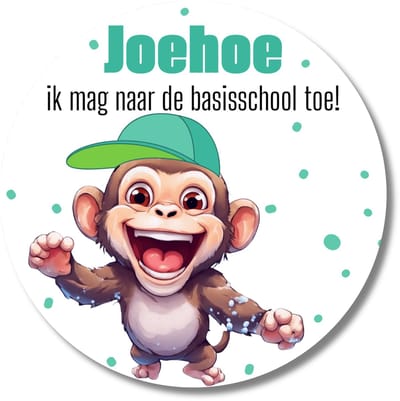 Sticker Traktatie ‘Joehoe ik mag naar de basisschool toe’ – 20 stuks – aap – blauw groen