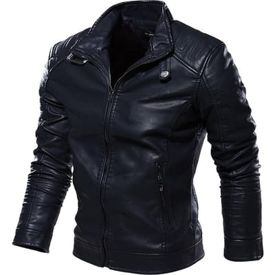 Leren motorjas voor heren, eenvoudige opstaande kraag, fleece leren jas voor heren, maat Large 2XL