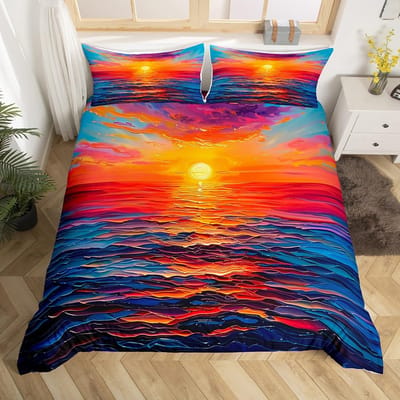 Zonsopgang Zonsondergang En Zee Dekbedovertrek Sets Voor Tieners Lichtgewicht Dekbedovertrekken Zee Kust Natuur Patroon Beddengoed Set Slaapkamer Decoratie EU Single(135*200cm)3pcs