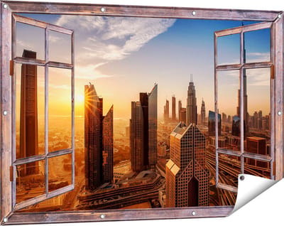 Gards Tuinposter Doorkijk Dubai Stad bij Zonsopgang - 120x80 cm - Tuindoek - Tuindecoratie - Wanddecoratie buiten - Tuinschilderij