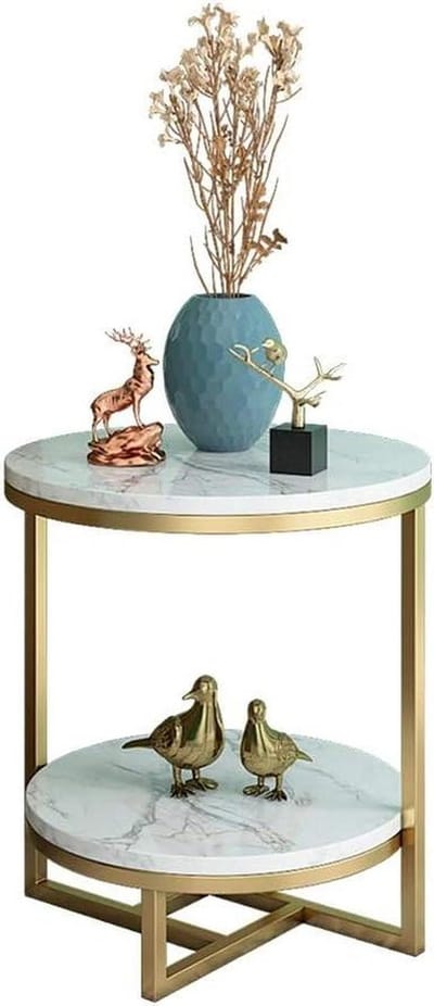 Bijzettafel Rond - Koffie tafel - Woonkamer Decoratie - Marmer en Metaal - 50x50x55 cm - Wit