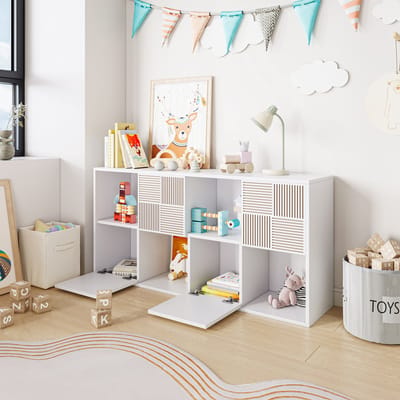 Opbergkast Wit met Verticale Ribbel, Modulaire Displaykast, Vrijstaand of Wandmontage, Moderne Kast voor Woonkamer