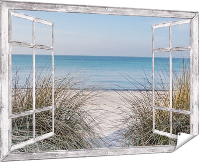 Gards Tuinposter Doorkijk Strand en Zee vanuit de Duinen - 180x120 cm - Tuindoek - Tuindecoratie - Wanddecoratie buiten - Tuinschilderij