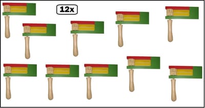 12 stuks Ratel dubbel multicolor - Houten ratel - Sport hemafeest carnaval herrie maker party feest optocht rood/geel/groen