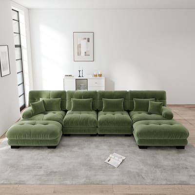 Intebiki Moderne Hoekbank - Grote U-vormige modulaire hoekbank - 406x145x81 cm - Vierzits - Chenille stof - Met verplaatsbare voetenbank - Geschikt voor woonkamers, appartementen en kantoren - Groen (4 zitplaatsen + 2 voetenbanken)