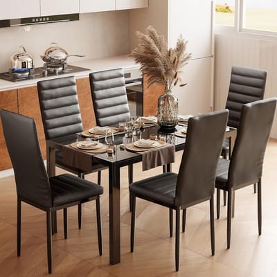 Moderne Eetkamerset met Glazen Tafel en Zes Stoelen voor 6 Personen