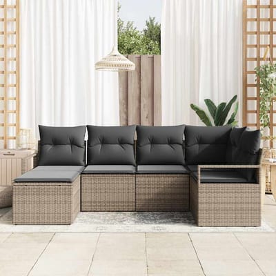 vidaXL Bankstel met kussen met opslag 6 pcs Grijs poly rattan