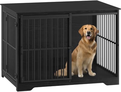 HomeGoodies Hondenkennel Meubel XL – Luxe Hondenbench met Schuifdeuren – Houten Bench & Bijzettafel in 1 – tot 100 kg – Zwart