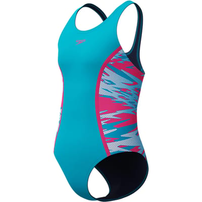 Speedo Hyperboom Splice Muscleback Meisjes Sportbadpak - Kleurvast Badpak Meisjes - Chloorbestendig Zwempak Meisjes - Sportbadpak Meisjes met Muscleback-rug - Turquoise/Roze - 140