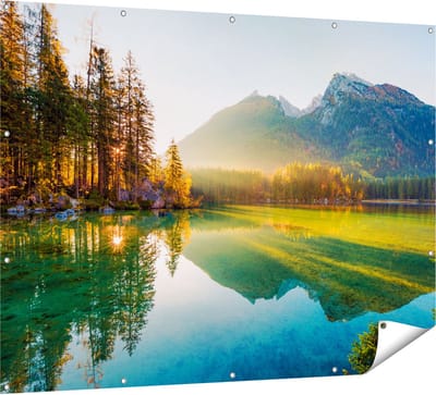 Gards Tuinposter Zonsopgang bij het Meer in de Herfst - 160x120 cm - Tuindoek - Tuindecoratie - Wanddecoratie buiten - Tuinschilderij