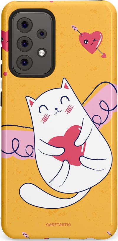 Casetastic Hoesje Geschikt voor Samsung A52 (4G/5G/s) - Stijlvolle Beschermende Duo-layer Case - Kattenflirt Geel Rode Hartjes Liefde