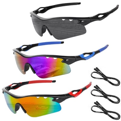 Dailygoods- Fietsbril Uniseks - 3 Stuks - UV400 Bescherming - Sportbril - Verstelbare Brillenbanden - Inclusief Brillenkoord en Poetsdoekjes