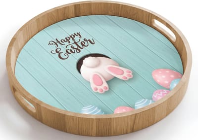 Dienblad rond 40x40 cm - Schootdienblad hout - Paashaas - Paaseieren - Blauw - Happy Easter - Borrelplank rechthoek - Plateau houten dienbladen