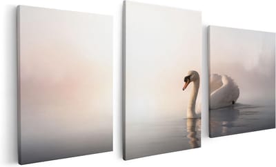 Artaza Canvas Schilderij Drieluik Zwaan in het Water tijdens de Mist - 120x60 - Foto Op Canvas - Canvas Print